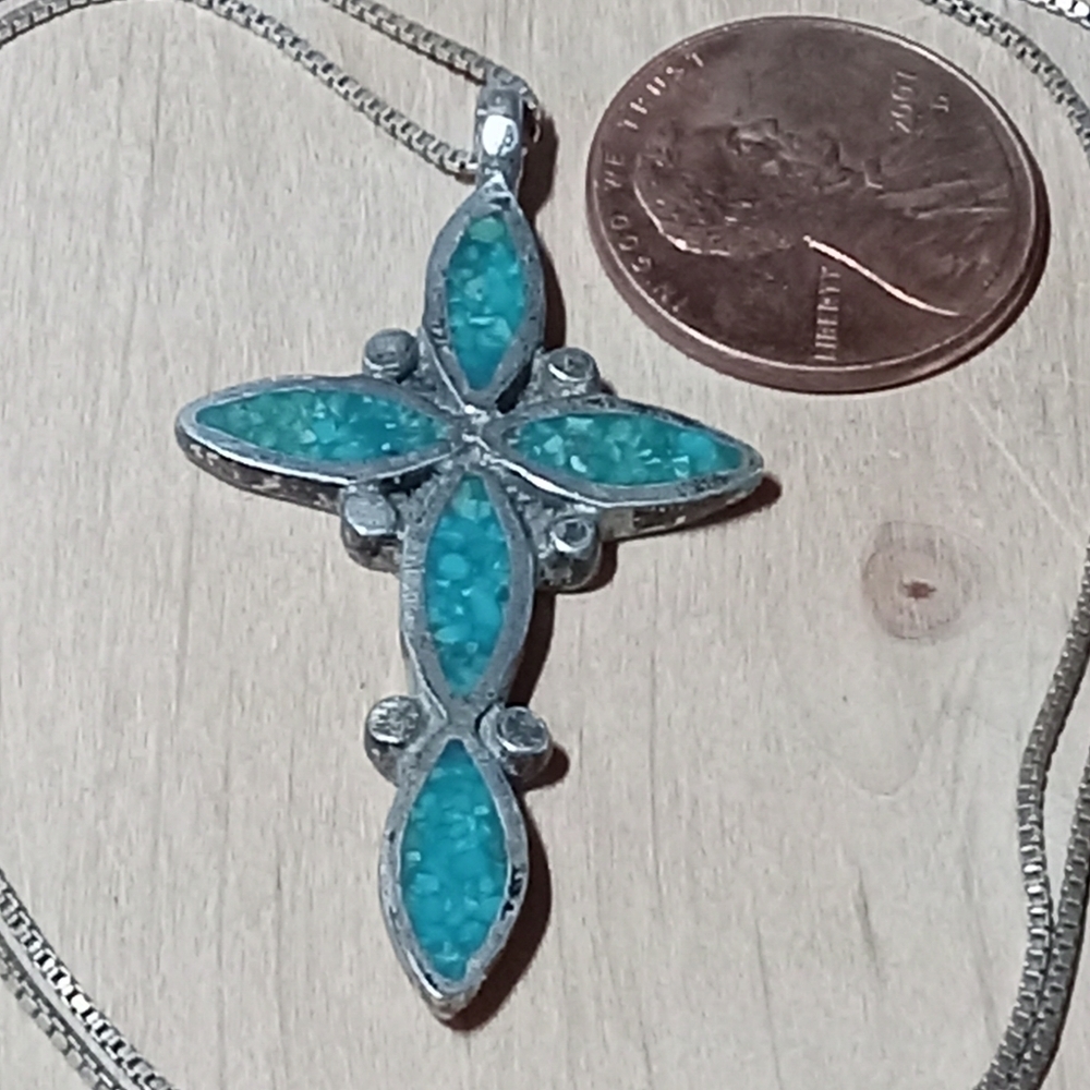 * Vintage zuni native american style crushed turq and sterling silver necklace - Picture 4 of 6